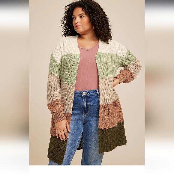Maurices Sweaters - Maurices Striped Colorblock Chunky Knit Cardigan Bubble Sleeve NWT Sz L
